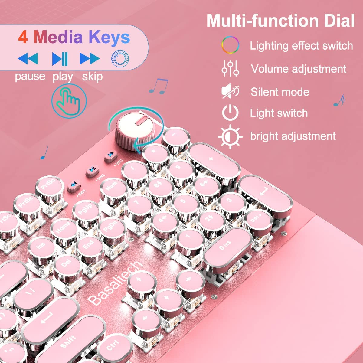 Pink Gaming Keyboard with White LED Backlight, Round Keys Blue Switch Mechanical Keyboard with Magnetic Removable Wrist Rest for Game and Office