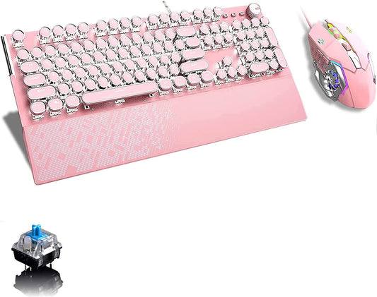 Pink Gaming Keyboard with White LED Backlight, Round Keys Blue Switch Mechanical Keyboard with Magnetic Removable Wrist Rest for Game and Office